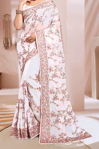 Zari Resham Embroidered Georgette Saree In White With Matching Blouse Piece
