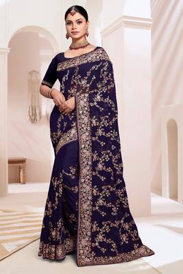 Zari Resham Embroidered Georgette Saree In Navy Blue With Matching Blouse Piece 1