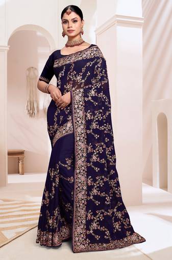 Zari Resham Embroidered Georgette Saree In Navy Blue With Matching Blouse Piece
