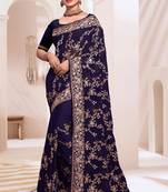 Zari Resham Embroidered Georgette Saree In Navy Blue With Matching Blouse Piece