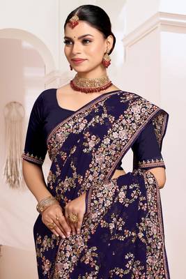 Zari Resham Embroidered Georgette Saree In Navy Blue With Matching Blouse Piece 2
