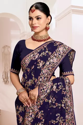 Zari Resham Embroidered Georgette Saree In Navy Blue With Matching Blouse Piece