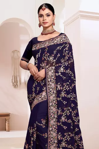 Zari Resham Embroidered Georgette Saree In Navy Blue With Matching Blouse Piece