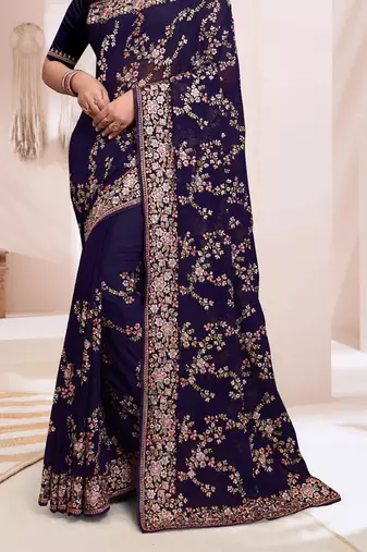 Zari Resham Embroidered Georgette Saree In Navy Blue With Matching Blouse Piece