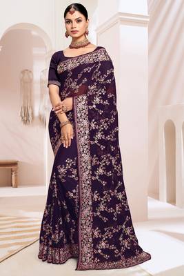 Zari Resham Embroidered Georgette Saree In Purple With Matching Blouse Piece 1