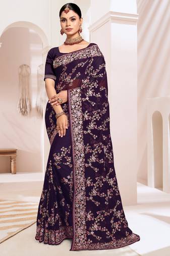 Zari Resham Embroidered Georgette Saree In Purple With Matching Blouse Piece