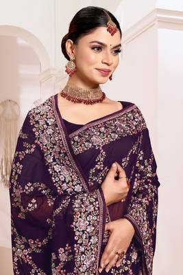 Zari Resham Embroidered Georgette Saree In Purple With Matching Blouse Piece 2