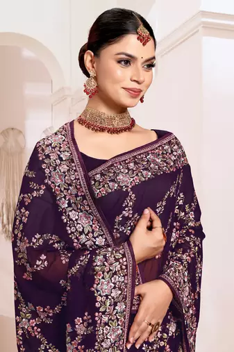 Zari Resham Embroidered Georgette Saree In Purple With Matching Blouse Piece