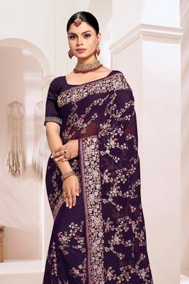 Zari Resham Embroidered Georgette Saree In Purple With Matching Blouse Piece 3
