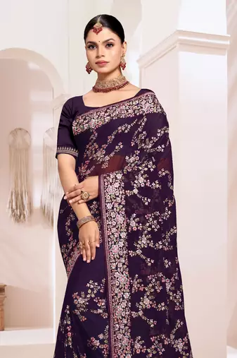 Zari Resham Embroidered Georgette Saree In Purple With Matching Blouse Piece