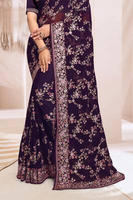 Zari Resham Embroidered Georgette Saree In Purple With Matching Blouse Piece 4