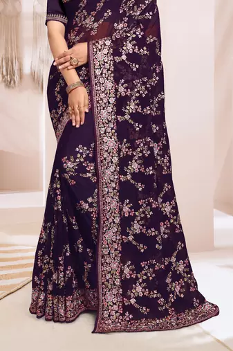Zari Resham Embroidered Georgette Saree In Purple With Matching Blouse Piece