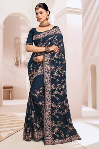 Zari Resham Embroidered Georgette Saree In Teal Blue With Matching Blouse Piece