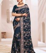 Zari Resham Embroidered Georgette Saree In Teal Blue With Matching Blouse Piece