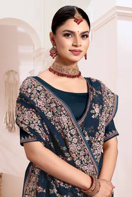 Zari Resham Embroidered Georgette Saree In Teal Blue With Matching Blouse Piece 2