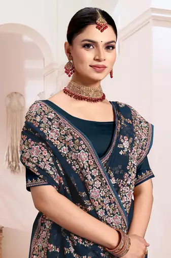 Zari Resham Embroidered Georgette Saree In Teal Blue With Matching Blouse Piece