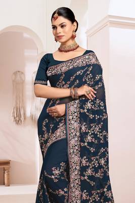Zari Resham Embroidered Georgette Saree In Teal Blue With Matching Blouse Piece 3