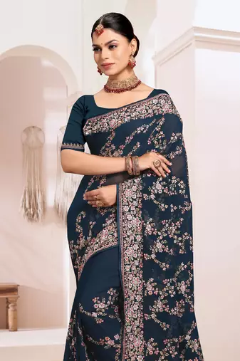 Zari Resham Embroidered Georgette Saree In Teal Blue With Matching Blouse Piece