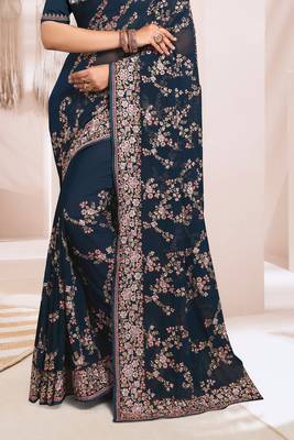 Zari Resham Embroidered Georgette Saree In Teal Blue With Matching Blouse Piece 4