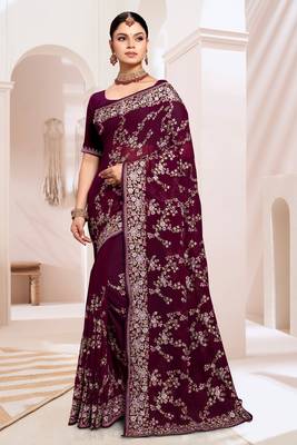 Zari Resham Embroidered Georgette Saree In Wine With Matching Blouse Piece 1