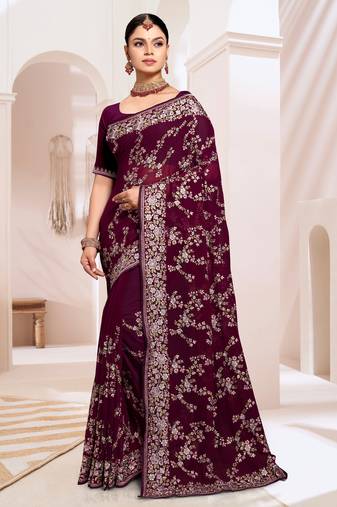 Zari Resham Embroidered Georgette Saree In Wine With Matching Blouse Piece