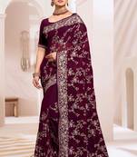 Zari Resham Embroidered Georgette Saree In Wine With Matching Blouse Piece