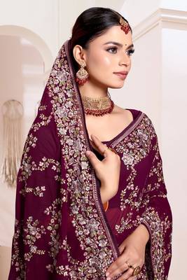 Zari Resham Embroidered Georgette Saree In Wine With Matching Blouse Piece 2