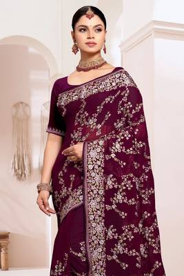 Zari Resham Embroidered Georgette Saree In Wine With Matching Blouse Piece 3