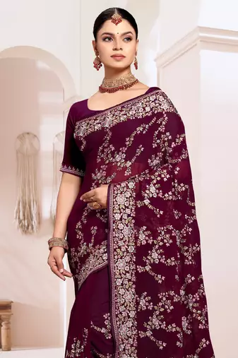 Zari Resham Embroidered Georgette Saree In Wine With Matching Blouse Piece