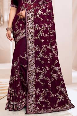 Zari Resham Embroidered Georgette Saree In Wine With Matching Blouse Piece 4