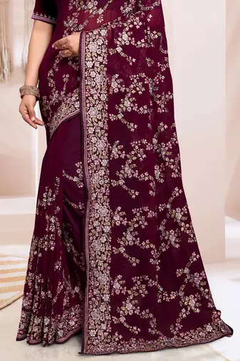 Zari Resham Embroidered Georgette Saree In Wine With Matching Blouse Piece