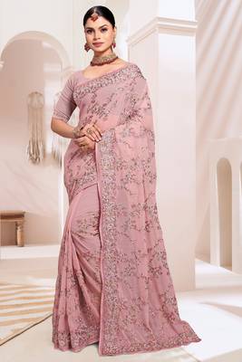 Zari Resham Embroidered Georgette Saree In Dusty Pink With Matching Blouse Piece 1