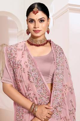Zari Resham Embroidered Georgette Saree In Dusty Pink With Matching Blouse Piece 2
