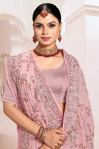 Zari Resham Embroidered Georgette Saree In Dusty Pink With Matching Blouse Piece