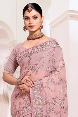 Zari Resham Embroidered Georgette Saree In Dusty Pink With Matching Blouse Piece 3