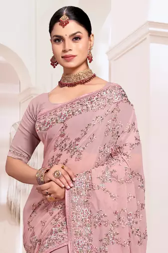Zari Resham Embroidered Georgette Saree In Dusty Pink With Matching Blouse Piece