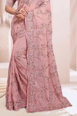 Zari Resham Embroidered Georgette Saree In Dusty Pink With Matching Blouse Piece 4