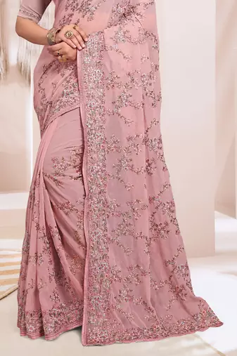 Zari Resham Embroidered Georgette Saree In Dusty Pink With Matching Blouse Piece