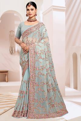 Zari Resham Embroidered Georgette Saree In Sea Green With Matching Blouse Piece 1