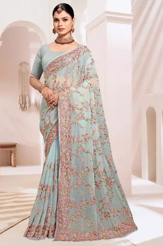 Zari Resham Embroidered Georgette Saree In Sea Green With Matching Blouse Piece