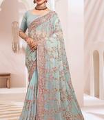 Zari Resham Embroidered Georgette Saree In Sea Green With Matching Blouse Piece