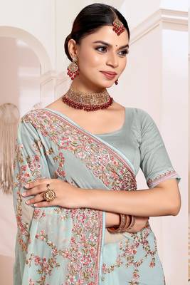 Zari Resham Embroidered Georgette Saree In Sea Green With Matching Blouse Piece 2