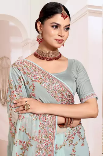 Zari Resham Embroidered Georgette Saree In Sea Green With Matching Blouse Piece