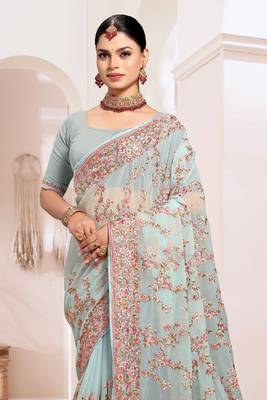 Zari Resham Embroidered Georgette Saree In Sea Green With Matching Blouse Piece 3