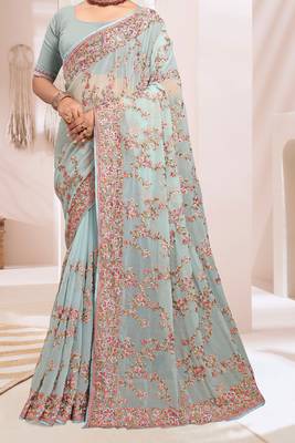 Zari Resham Embroidered Georgette Saree In Sea Green With Matching Blouse Piece 4