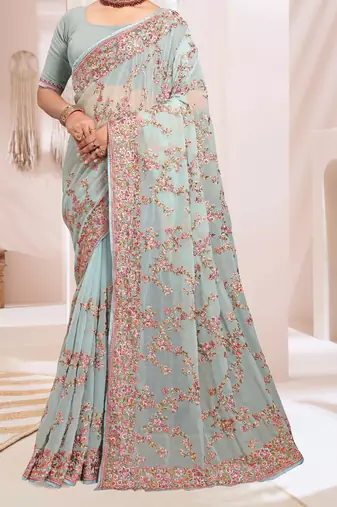Zari Resham Embroidered Georgette Saree In Sea Green With Matching Blouse Piece