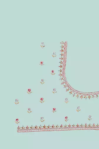Zari Resham Embroidered Georgette Saree In Sea Green With Matching Blouse Piece