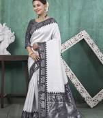Black kanjivaram silk blend with Rich Gold Border And Elephant Motifs Saree With Blouse For Women