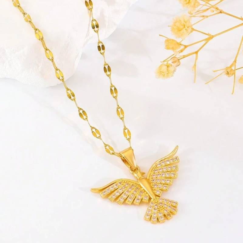 Gold toned anti-tarnish daily useable chain with ad stone falcon bird pendant