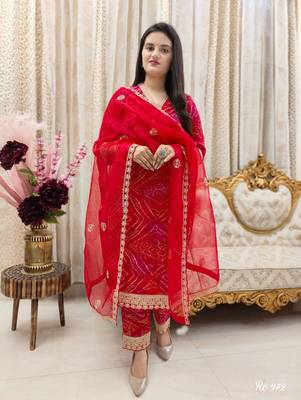 Cotton red embroidery kurti with pant and dupatta 1